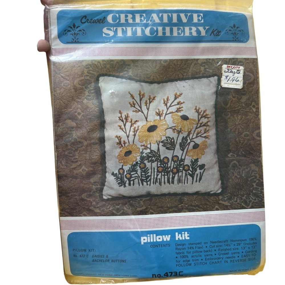 Vintage Crewel Needlecraft Pillow Kit No. 473c Daisies & Bachelor Buttons Sealed
